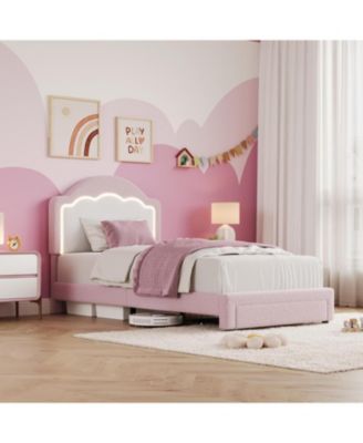 Bed Frame with Adjustable Headboard, Sherpa Fleece Upholstered Platform Bed Frame with LED Lights, 750 LB Capacity, Wooden Slats Support
