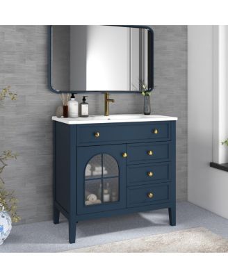 Bathroom Vanity with Sink, Medieval Glass Doors, Motion Sensor Lighting, Flip Drawer & Adjustable Storage for Modern Homes