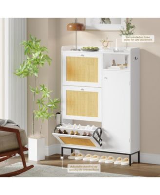 Shoe Cabinet with 3 Flip-out Drawers Natural Rattan Freestanding Shoe Organizer with 4 Open Shelves Side Cabinet Hidden Wood Shoe Rack