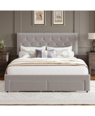 King Bed Frame 2 Storage Drawers Wooden Slat Vintage Velvet Upholstered Wingback Headboard No Box Spring Noise Free