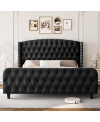 Bed Frame with Deep Button Tufted Wingback Headboard and Footboard, Velvet Upholstered Platform Bed Frame, No Box Spring Needed