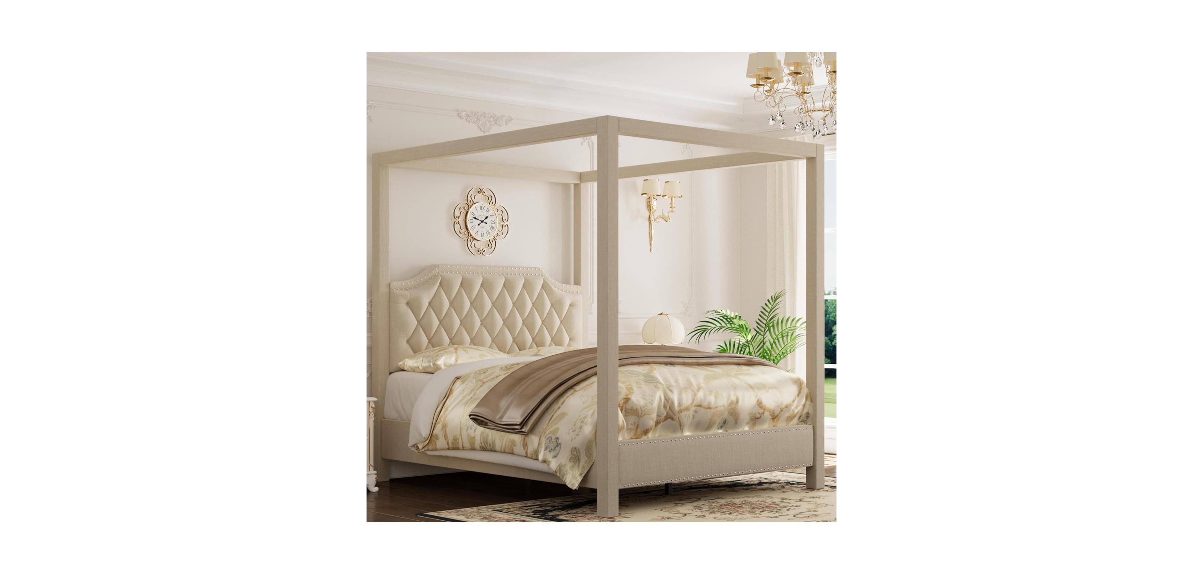 gaomonl Canopy Bed Frame with Upholstered Headboard, Four Poster Design, Button Tufted, and Slide Rail, No Box Spring Required, Wooden Slats