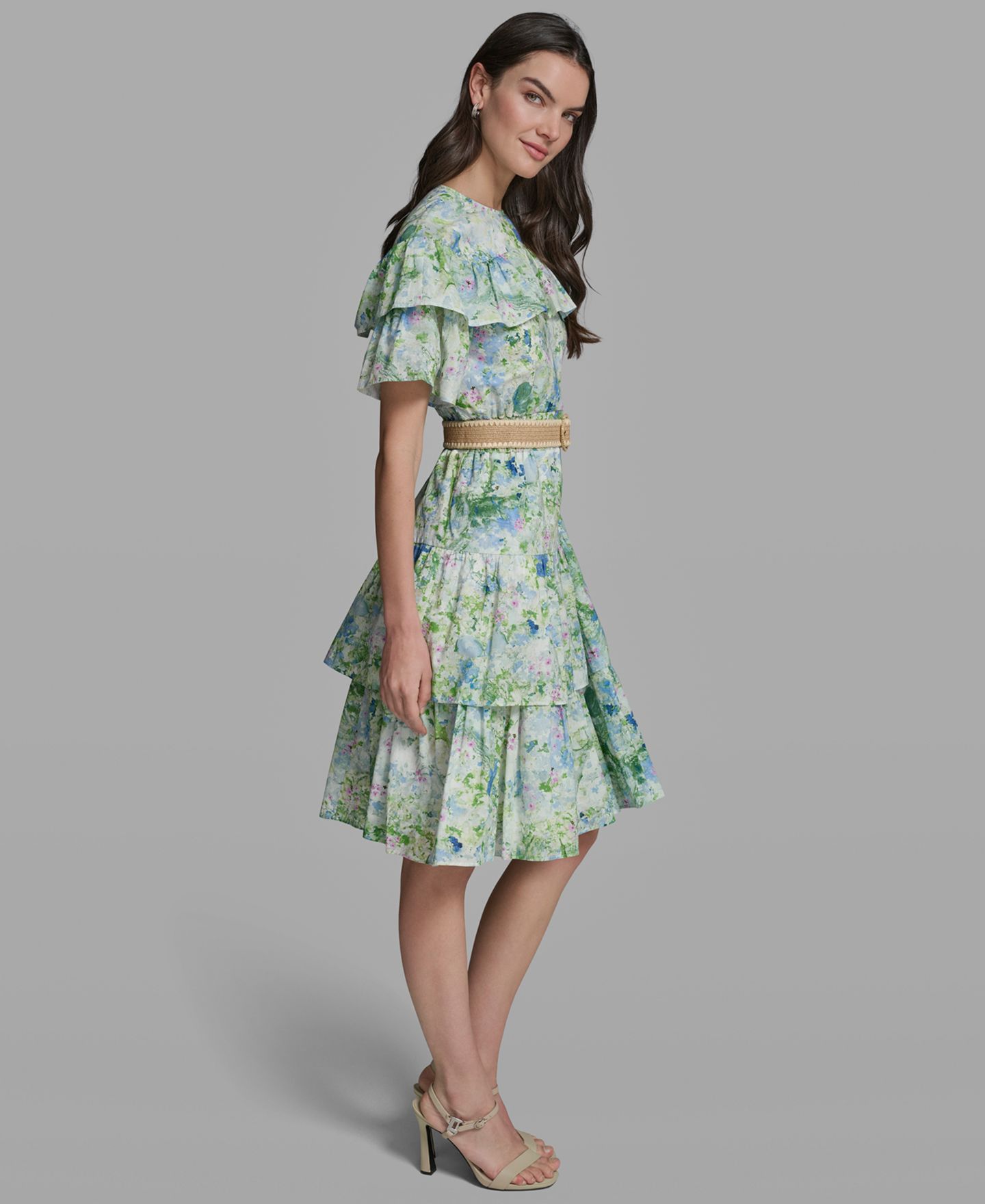 Женское платье KARL LAGERFELD PARIS Petite Crew Neck Tiered Midi, цвет: Небесно-голубой разноцветный — фото 2