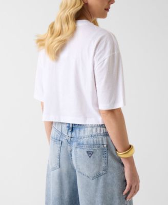 Women's Rhinestone Embellished Crewneck Cropped Oversize T-Shirt