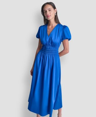 Petite V-Neck Smocked Waist Midi Dress
