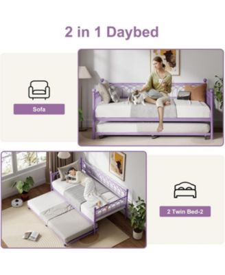 Daybed with Trundle, Metal Twin Trundle Bed with Charging Station & LED Lights, Sofa Beds Frame with Pull Out Bed for Living Room, Guest Room.