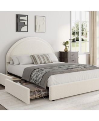Queen Bed Frame Storage Drawers Upholstered Boucle Platform Round Headboard Heavy Duty Noise-Free No Box Spring