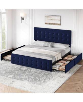 Bed Frame Adjustable Headboard 4 Drawers Velvet Upholstered Platform Button Tufted Wooden Slats No Box Spring