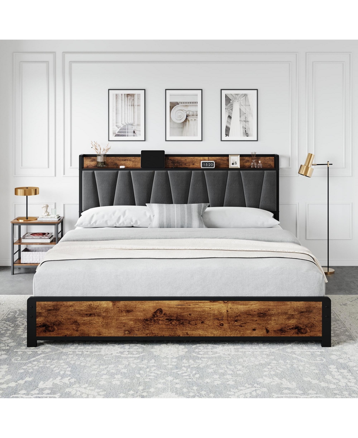 gaomon Linen Upholstered Platform Bed 4 Drawers Charging Station Vintage Headboard Wooden Slats No Box Spring Easy Assembly