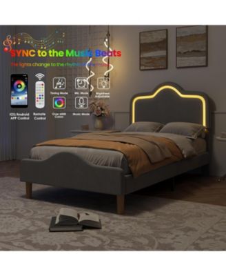 Bed Frame Adjustable LED Headboard Velvet Upholstered Princess Platform Wooden Slats No Box Spring