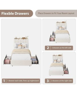 Twin-XL Boucle Upholstered Platform Bed Wavy Headboard Storage Bookcase 2 Drawers No Box Spring