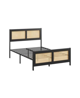 Rattan Boho Platform Bed Frame with Cane Headboard- Strong Metal Slat Support- Easy Assembly- No Box Spring Needed for Bedroom