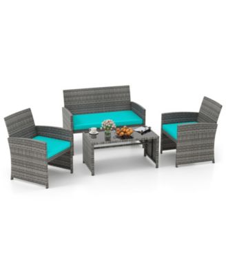 4PCS Patio Outdoor Conversation Set w/Seat Cushions and Tempered Glass Tabletop