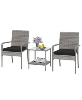 3 Pieces Patio Furniture Set PE Rattan Porch Chairs w/ 2-Tier Table