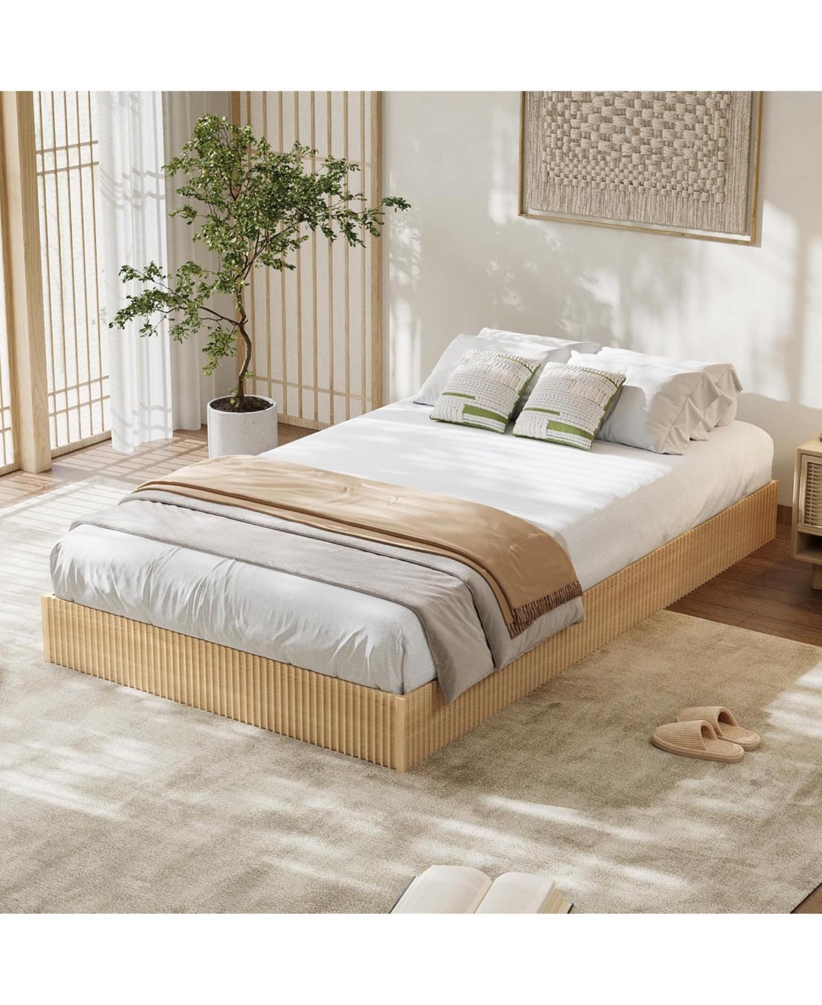 gaomon Bed Frame, Wood Platform Bed with Fluted Design, Low Profile BedFrame, Minimalist Bed Base with Noise-Free, No Box Spring Needed