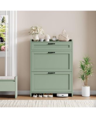 Shoe Cabinet with 2 Flip Drawers & 1 Top Drawer, Wooden Shoe Organizer Cabinet with Adjustable Shelf, Freestanding Shoe Storage Cabinets