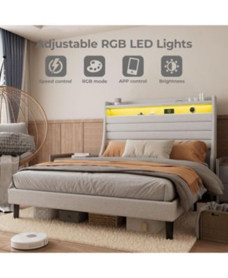 Queen Bed Frame Storage Headboard USB Charging LED Lights Noise Free Under Storage Easy Assembly No Box Spring