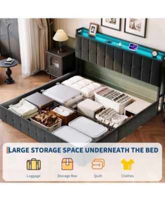  Bed Frame Lift-Up Storage LED Lights Upholstered Velvet Charging Headboard Metal Frame Wooden Slats No Box Spring