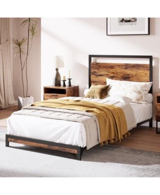 6 Inch Metal Platform Bed Frame Wooden Headboard Footboard Rustic Brown No Box Spring Quiet Sturdy Mattress Foundation