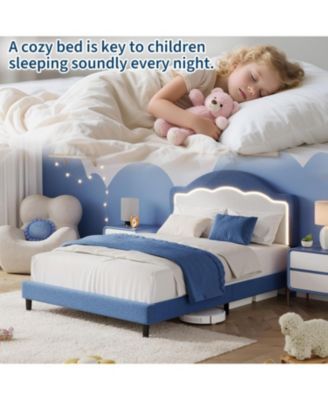  Bed Frame with LED Headboard for Kids, Sherpa Upholstered Platform Bed Frame with Wood Slat Support, No Box Spring Required
