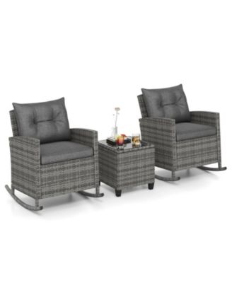 Set of 3 Wicker Rocking Set Patio w/ Tempered Glass Table and Soft Cushions