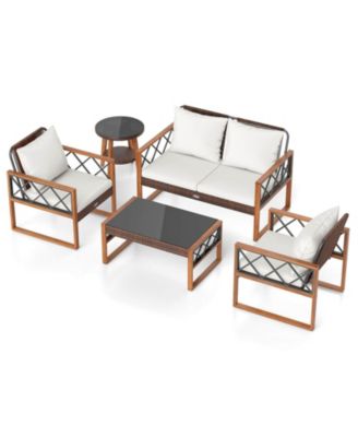5 PCS PE Wicker Patio Furniture Set w/Acacia Wood Frame Cushions for Deck Garden