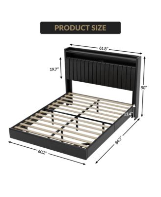 Floating Bed Frame Queen RGB LED Lights Charging Station 50” Leather Headboard Upholstered Storage No Box