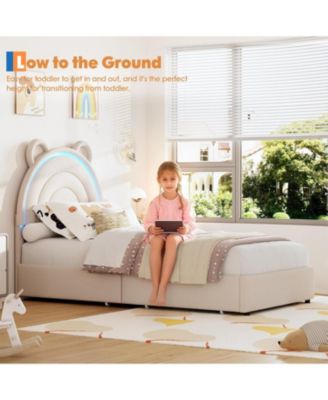 Princess Bed Frame with 4 Storage Drawers LED Lights Velvet Upholstered Rainbow Headboard Solid Wood Slats No Box Spring Needed