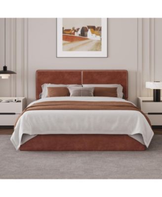 Upholstered Platform Bed Frame with 2 Storage Drawers, Faux Leather Low Profile Bed Base with Wood Slat Support