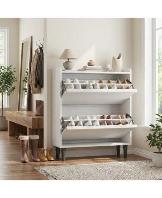 Shoe Cabinet with 2 Flip Drawers, Narrow Adjustable Shelf Wooden Shoe Organizer with Hidden Handle for Entryway