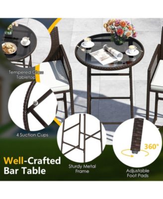 3 Piece Wicker Patio Bar Set w/ 2 Seat Cushions Glass Tabletop for Backyard