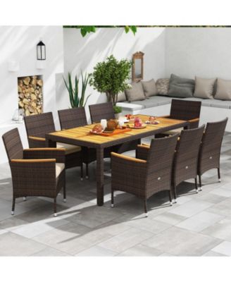9 Pieces Patio PE Wicker Dining Set Outdoor Acacia Wood Table & Chairs
