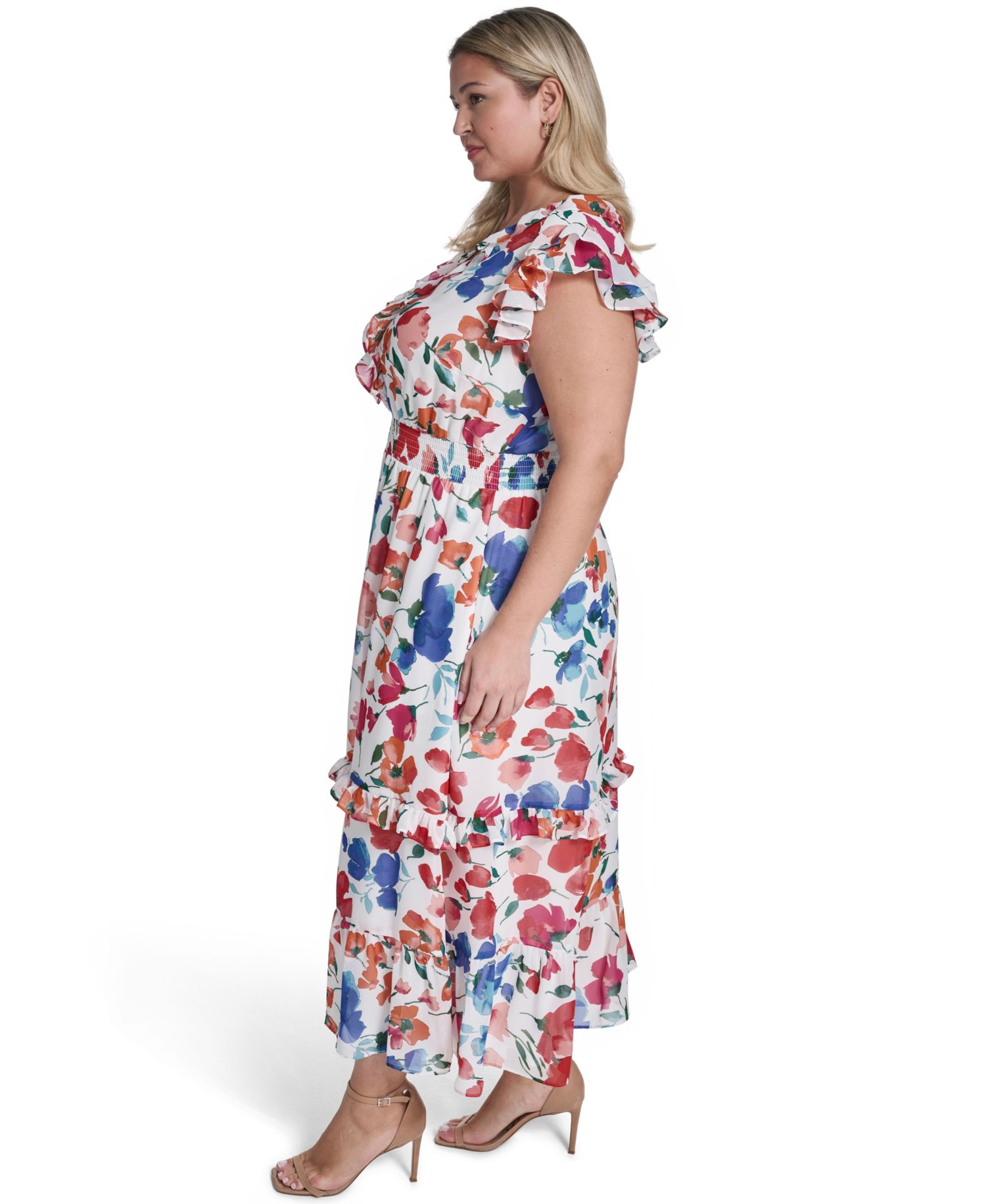 Plus Size V-Neck Smocked Waist Midi Dress