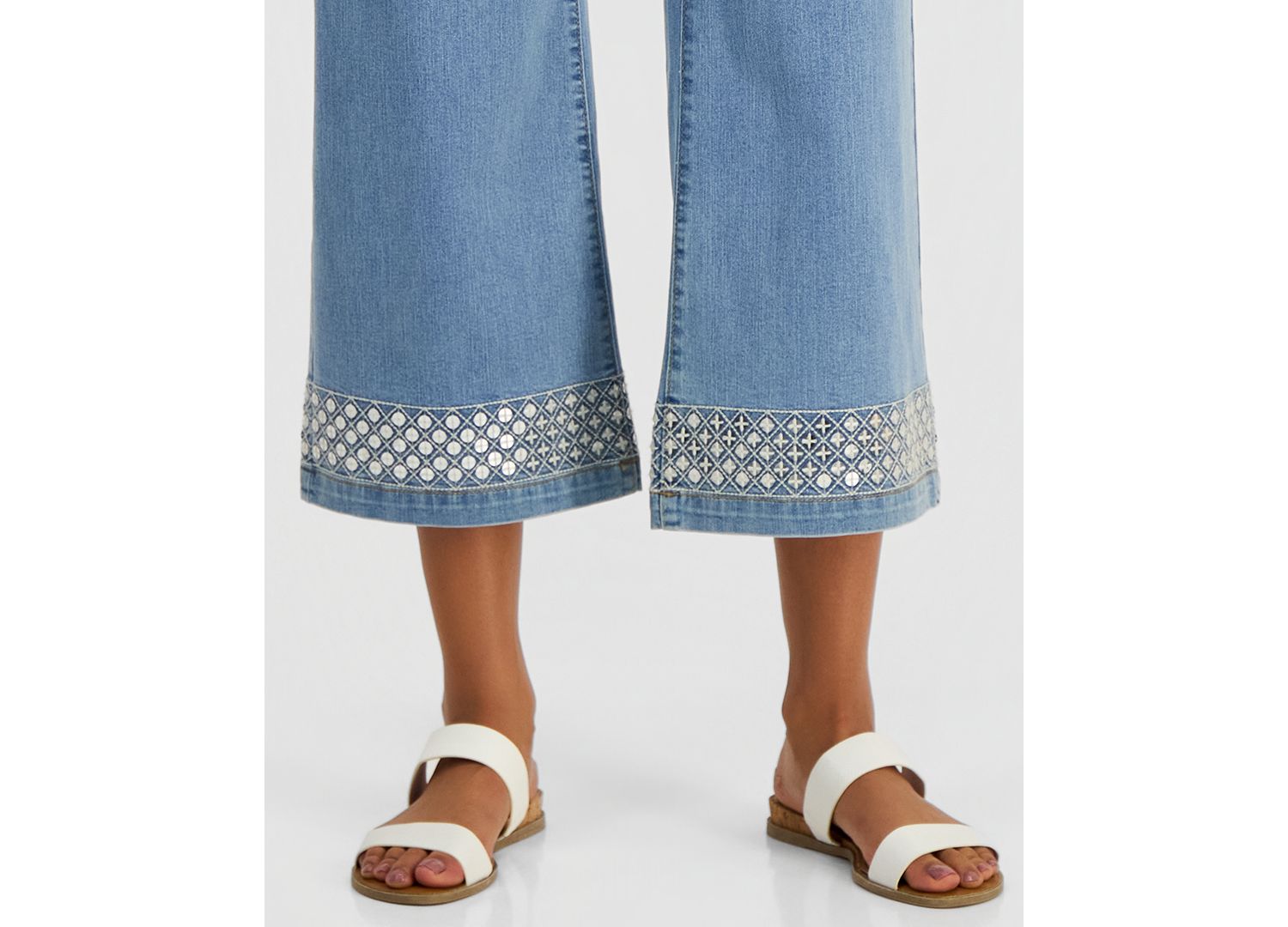 Women's Sequined Pull-On High-Rise Cropped Wide Leg Jeans