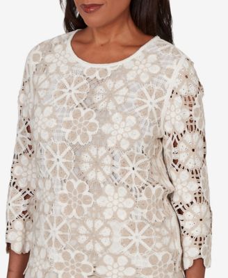 Petite Floral Crochet 3/4-Length-Sleeve Top