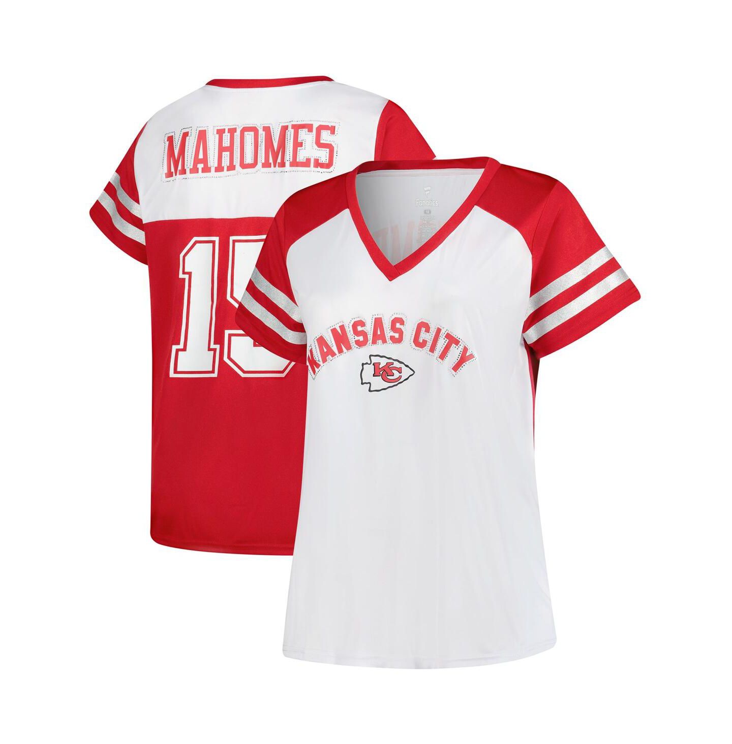 Женская футболка Fanatics Patrick Mahomes White Kansas City Chiefs Plus Size Bling V-Neck — фото 1