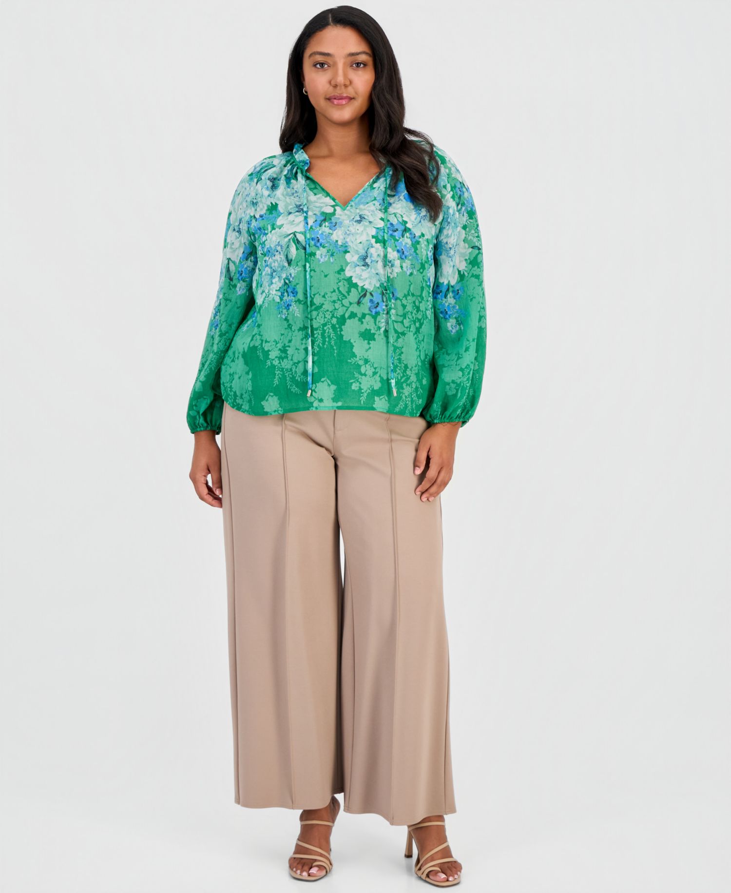 ASL Plus Size Long-Sleeve Floral Bow Blouse