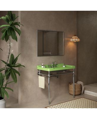 36" Bathroom Console Sink with Green Ceramic Vanity, Wall Mounted Basin & Stainless Steel Legs, Towel Bar Included