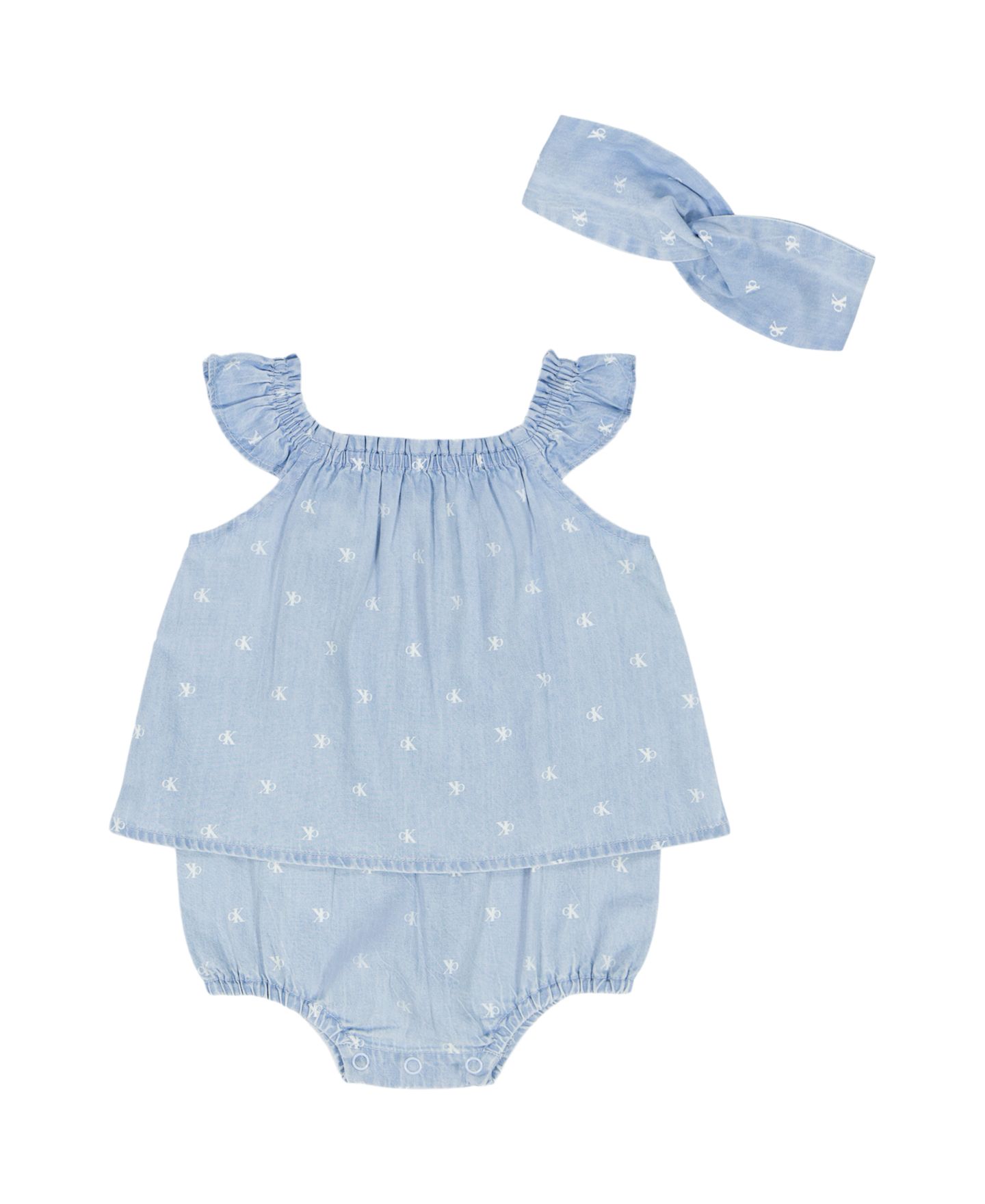 Комбинезоны Calvin Klein Monogram Print Denim Sunsuit and Headband для девочек-малышей, цвет: Синий — фото 1