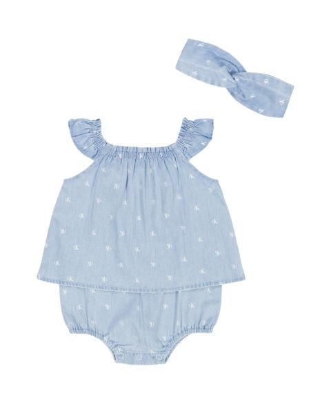 Комбинезоны Calvin Klein Monogram Print Denim Sunsuit and Headband для девочек-малышей, цвет: Синий