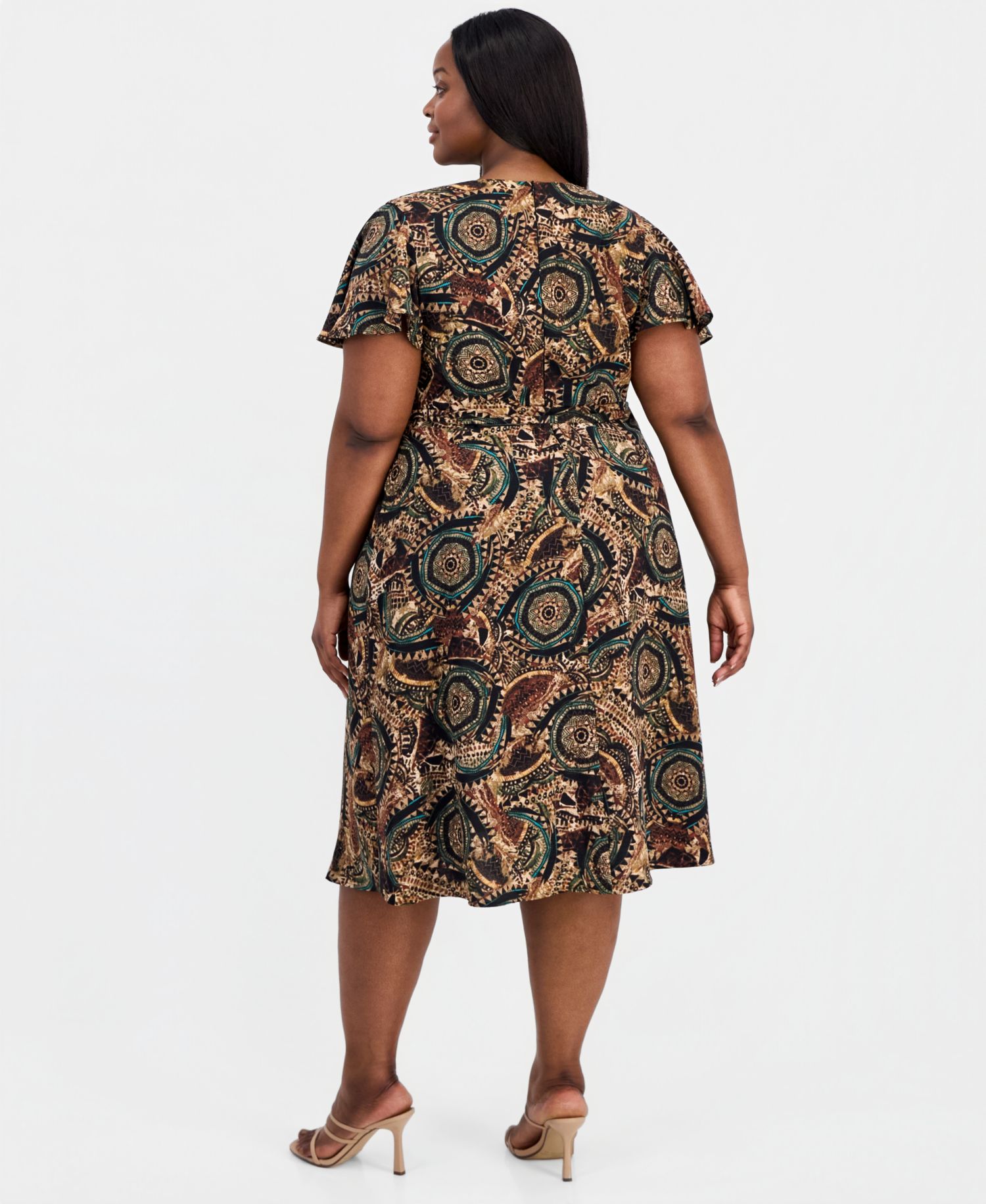 Plus Size Printed Faux-Wrap Flutter-Sleeve Dress