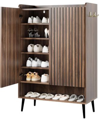 Large Shoe Cabinet with Doors 6-Tier Shoe Organizer with 3 Doors and Additional Hooks for Hallway Entryway Living Room Brown
