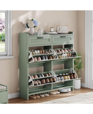 Shoe Cabinet with 4 Flip Drawers and 2 Top Drawers, High-Gloss Painted Wood Shoe Organizer with Adjustable Shelves, Freestanding Hidden Storage