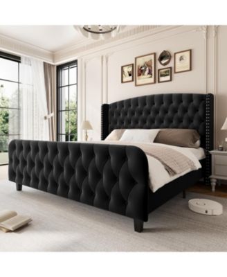 King Size Bed Frame with 51'' Tall Wingback Headboard, Velvet Upholstered Platform Bed Frames with Strong Wood Slats Support, Noise Free