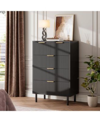 Black Wave Fluted 5 Drawer Dresser for Bedroom, Modern Wood Chest of Drawers with Wide Drawers, Closet Dresser Organizer, Entryway