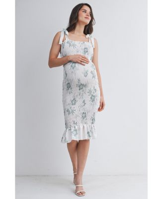 Maternity Bodycon Floral Smocked Midi Dress with Adjustable Tie Straps
