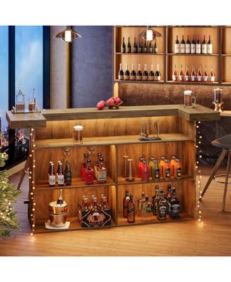 4-Tier Bar Table, 70.9-Inch Large Wooden Home Bar Unit with Wine Glass Holder and Black Footrest