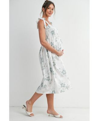 Maternity Floral Smocked Empire Waist Midi Dress with Tie Straps