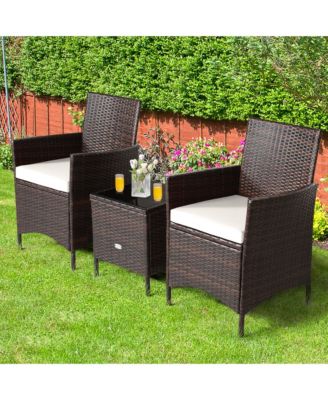 3PCS Outdoor Rattan Conversation Set Patio Furniture Set w/ White Cushions