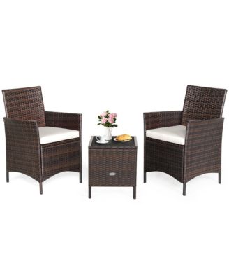 3PCS Outdoor Rattan Conversation Set Patio Furniture Set w/ White Cushions